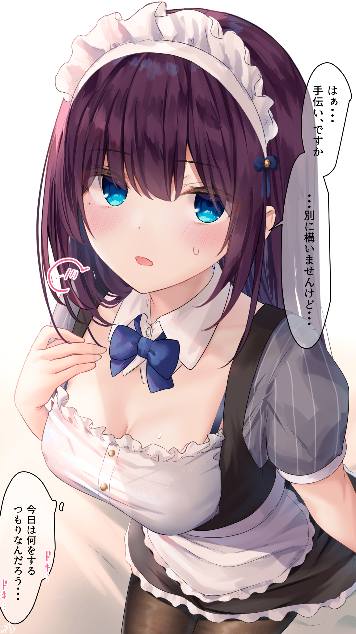 ramchi, maid-chan (ramchi), original, highres, 1girl, apron, black pantyhose, blue bow, blue bowtie, blue eyes, blush, bow, bowtie, bra strap, breasts, cleavage, detached collar, dress, frilled dress, frills, looking at viewer, maid apron, maid headdress, pantyhose, parted lips, purple hair, short sleeves, speech bubble, spoken blush, sweat, swept bangs, thought bubble