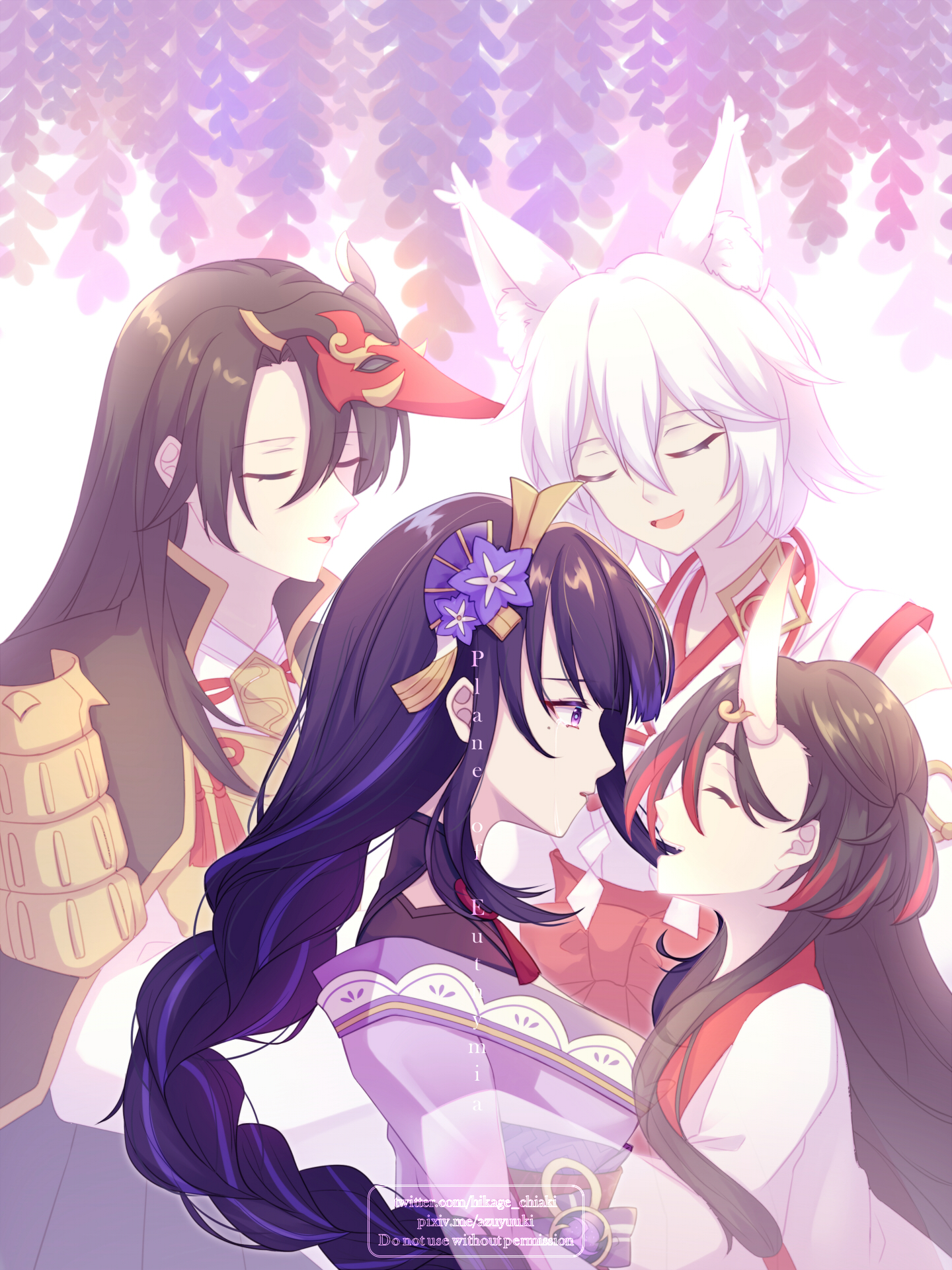 azuyuki, chiyo (genshin impact), kitsune saiguu, raiden shogun, sasayuri (genshin impact), genshin impact, commentary, english commentary, highres, 1boy, 3girls, artist name, black background, black hair, blue pupils, blunt bangs, blurry, braid, brown hair, closed eyes, closed mouth, clothing cutout, crying, crying with eyes open, depth of field, english text, eyeliner, fan hair ornament, flower, flower ornament, friends, from side, hair between eyes, hair ornament, happy, horns, japanese clothes, kimono, long braid, long hair, long sleeves, makeup, mask, mask on head, mole, mole under eye, multicolored eyes, multicolored hair, multiple girls, neck ribbon, off shoulder, open mouth, purple eyes, purple kimono, red eyeliner, red ribbon, red sash, ribbon, sad, sash, shade, short hair, shoulder cutout, single braid, solo focus, standing, streaked hair, streaming tears, surprised, tears, upper body, watermark, white hair, wide-eyed, wide sleeves, wisteria