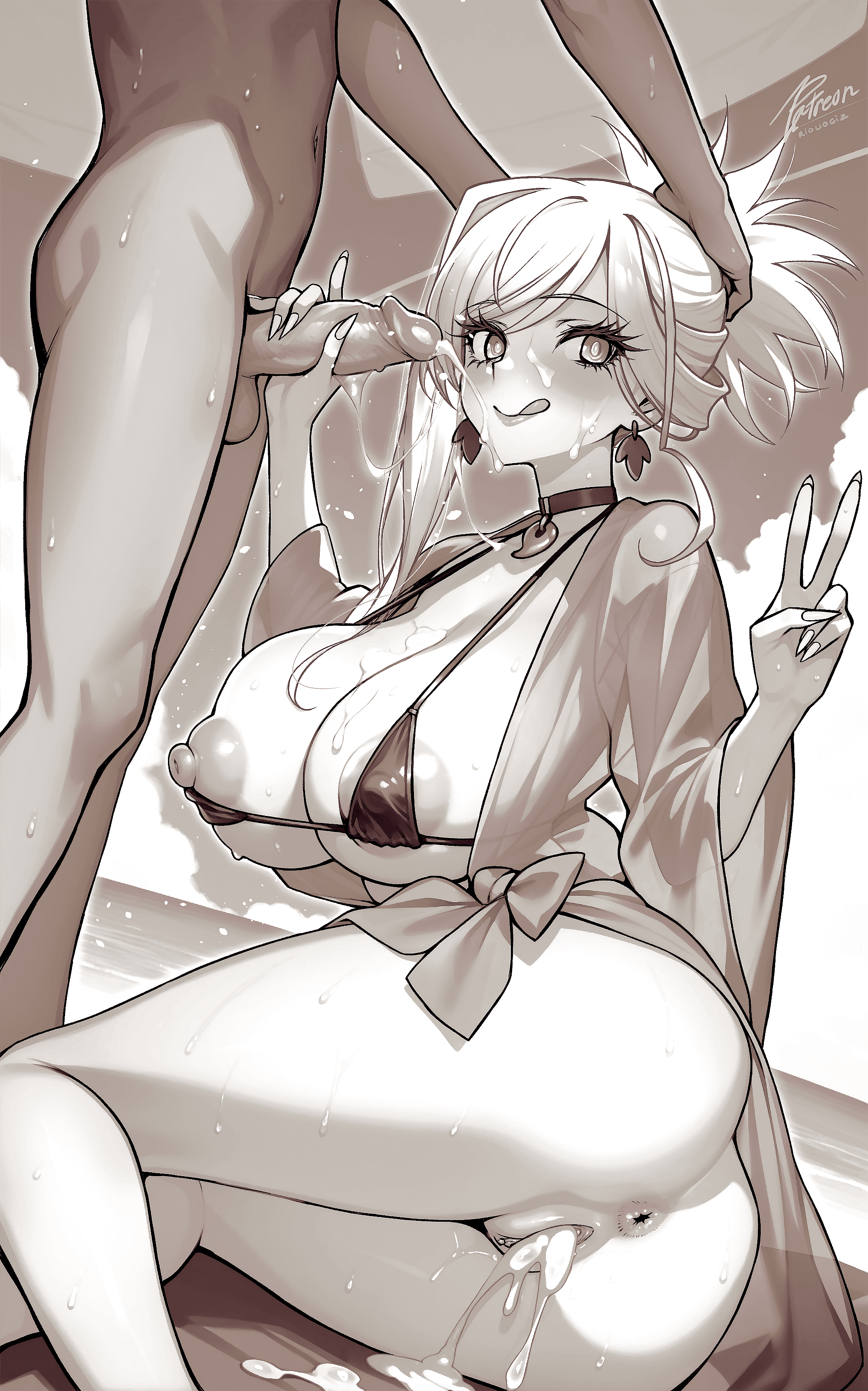 dynamitenatalia, miyamoto musashi (fate), fate/grand order, fate (series), absurdres, highres, 1boy, 1girl, beach, bikini, bikini top only, bottomless, cum, cum in pussy, cum on body, eyelashes, facial, grabbing another's head, monochrome, nipples, sand, solo focus, swimsuit, tongue, tongue out, v
