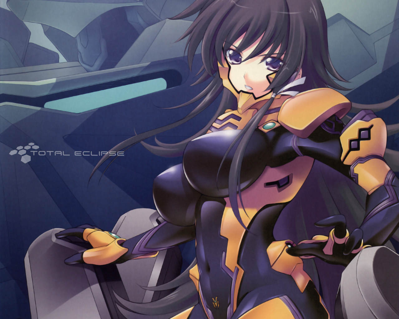 takamura yui, muv-luv, muvluv alternative total eclipse, pilot suit, black hair, bodysuit, long hair, purple eyes