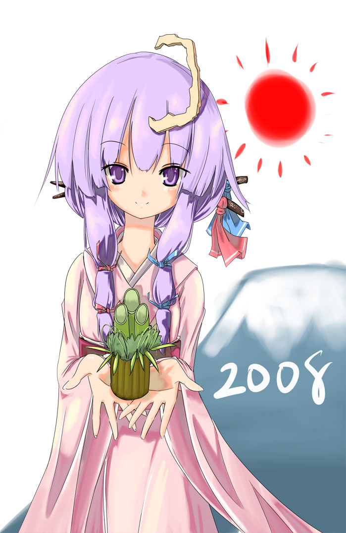 maiku, patchouli knowledge, touhou, 1girl, alternate hairstyle, bamboo, female focus, japanese clothes, kadomatsu, kimono, purple eyes, purple hair, smile, solo