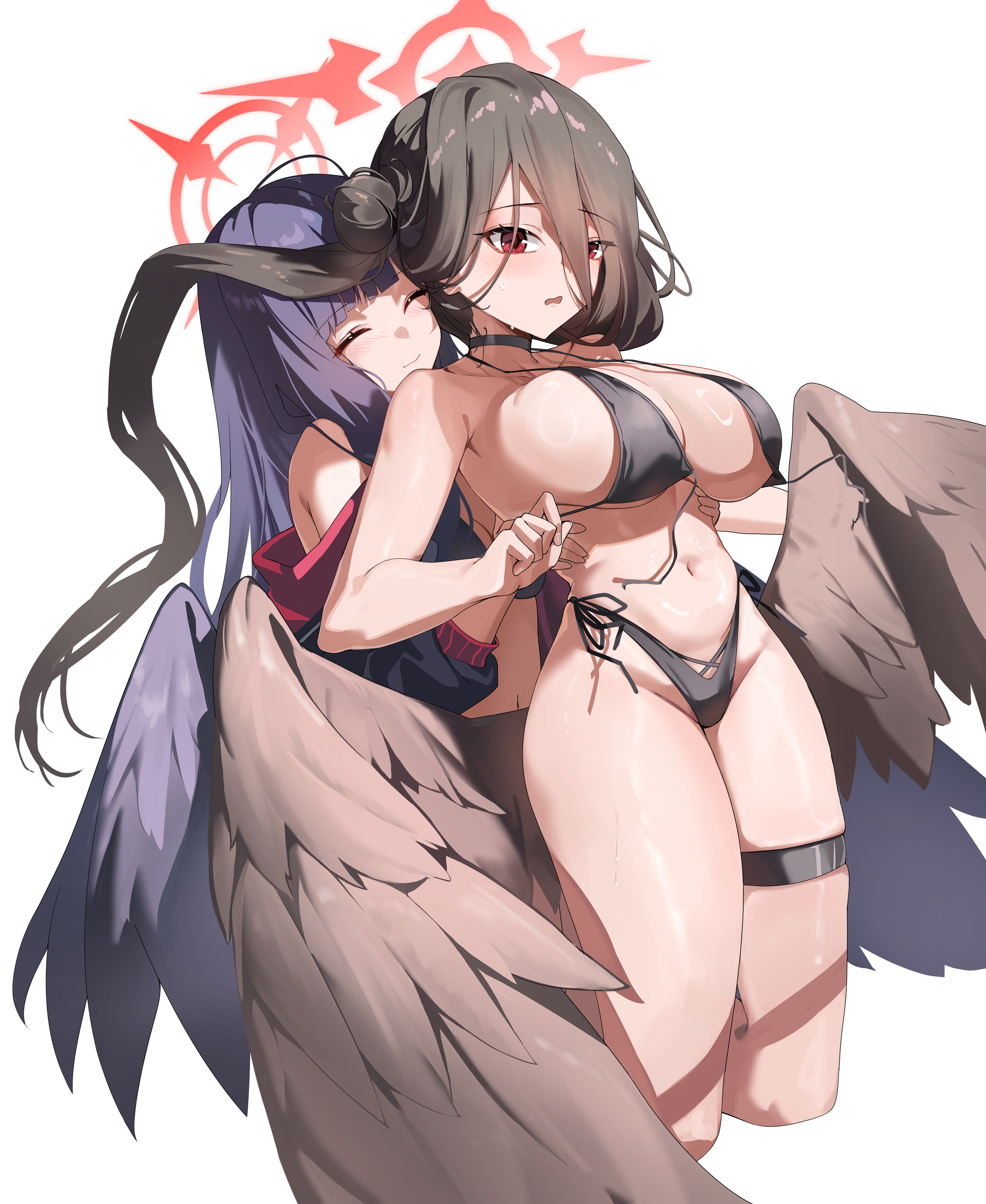 ct.ender, hasumi (blue archive), hasumi (swimsuit) (blue archive), ichika (blue archive), ichika (swimsuit) (blue archive), blue archive, absurdres, highres, 2girls, bikini, black bikini, black choker, black hair, black jacket, black wings, blush, breasts, choker, closed mouth, feathered wings, hair between eyes, halo, hands on another's chest, highleg, highleg bikini, jacket, large breasts, long bangs, long hair, multiple girls, navel, official alternate costume, official alternate hairstyle, open mouth, purple hair, red eyes, red halo, sidelocks, smile, stomach, swimsuit, thigh strap, wings