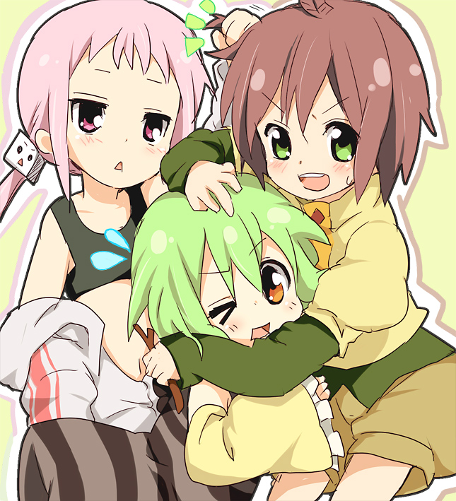 maruki (punchiki), kl-chan, mono (character), punchiki (character), bad id, bad pixiv id, > <, 3girls, :<, closed eyes, grabbing another's hair, holding another's hair, hug, multiple girls, one eye closed, open mouth, wink
