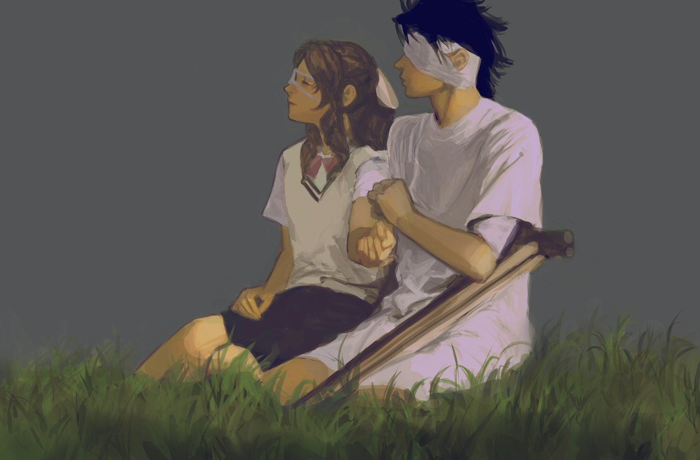 tori (labyrinth fft), aerith gainsborough, zack fair, final fantasy, final fantasy vii, commentary request, photo-referenced, 1boy, 1girl, bandaged arm, bandaged head, bandages, black hair, blue skirt, bow, bowtie, brown hair, closed eyes, closed mouth, crutch, drill hair, drill sidelocks, eyepatch, grass, grey background, hair ribbon, long hair, medical eyepatch, parted bangs, red bow, red bowtie, ribbon, shirt, short hair, short sleeves, shorts, sidelocks, sitting, skirt, spiked hair, sweater vest, white ribbon, white shirt, white shorts, yokozuwari
