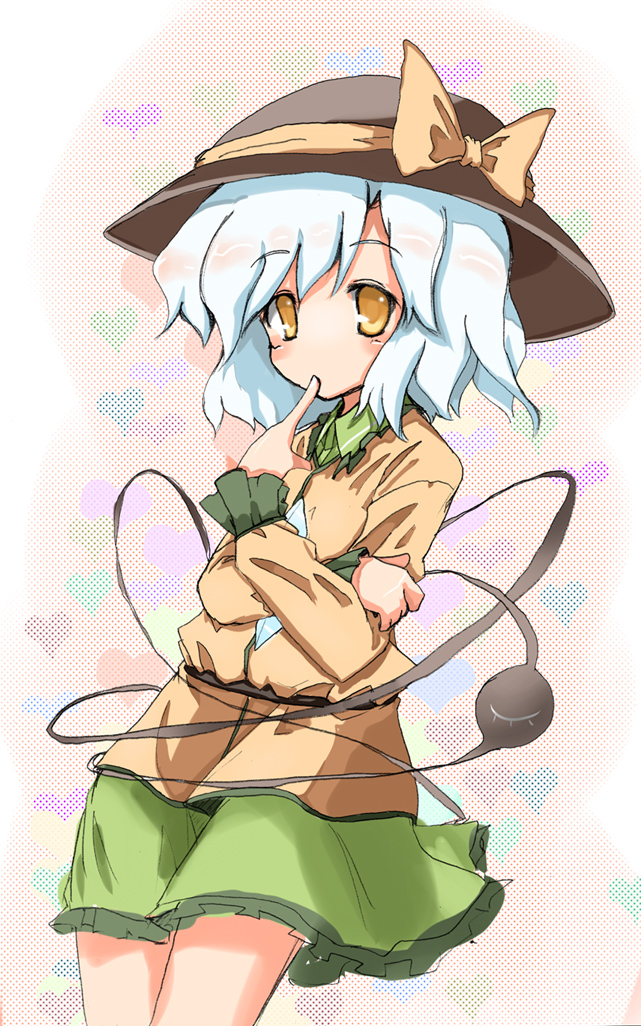 maiku, komeiji koishi, touhou, silver hair, 1girl, crossed arms, female focus, finger to mouth, hat, solo, yellow eyes