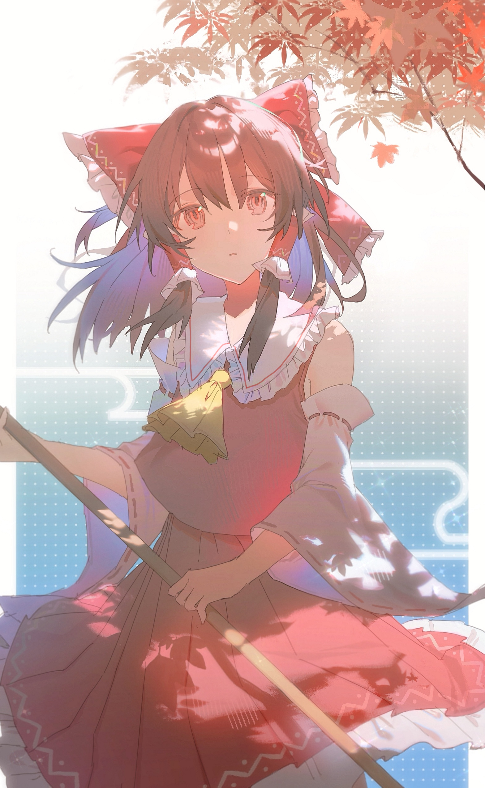 diandianmaopu, hakurei reimu, touhou, absurdres, chinese commentary, commentary request, highres, 1girl, ascot, autumn leaves, bow, brown eyes, brown hair, detached sleeves, frilled bow, frilled hair tubes, frilled skirt, frills, hair bow, hair tubes, holding, leaf, long hair, looking at viewer, pleated skirt, red bow, red skirt, ribbon-trimmed sleeves, ribbon trim, skirt, skirt set, solo, yellow ascot