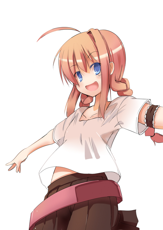 maiku, vita (nanoha), lyrical nanoha, mahou shoujo lyrical nanoha, 00s, 1girl, ahoge, armband, blue eyes, braid, child, female focus, open mouth, outstretched arms, simple background, smile, solo, spread arms, twin braids