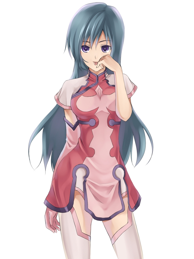 tadokoro teppei, kotona elegance, zoids, zoids genesis, 00s, 1girl, :p, elbow gloves, female focus, gloves, green hair, purple eyes, simple background, solo, thighhighs, tongue, tongue out, yellow eyes