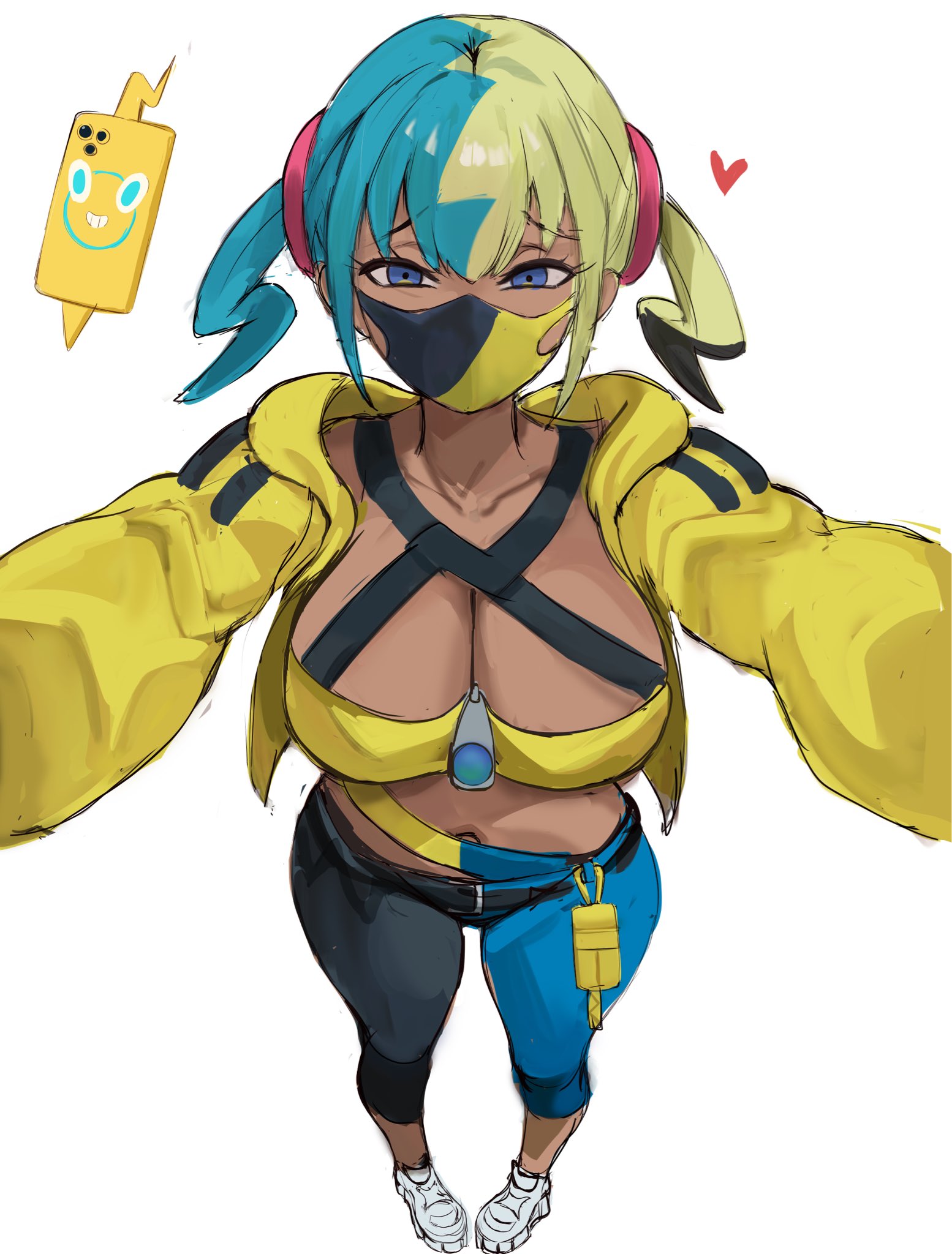 rakeemspoon, canari (pokemon), rotom, rotom phone, nintendo, pokemon, pokemon legends: z-a, commentary, highres, 1girl, black mask, black pants, blonde hair, blue eyes, blue hair, blue pants, breasts, cleavage, criss-cross straps, dark-skinned female, dark skin, gen 4 pokemon, heart, jacket, large breasts, looking at viewer, mask, mega stone, mouth mask, multicolored hair, navel, outstretched arms, pants, shoes, short twintails, simple background, sneakers, solo, split-color hair, spread arms, twintails, two-tone hair, two-tone mask, two-tone pants, white background, white shoes, yellow jacket, yellow mask