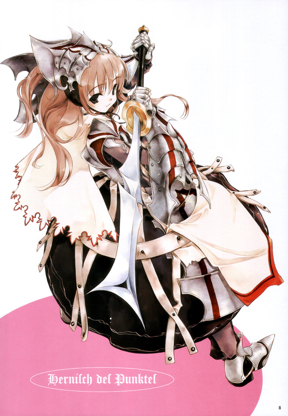sumi keiichi, original, highres, 1girl, armor, armored dress, black eyes, brown hair, dress, female focus, simple background, solo, sword, weapon, white background