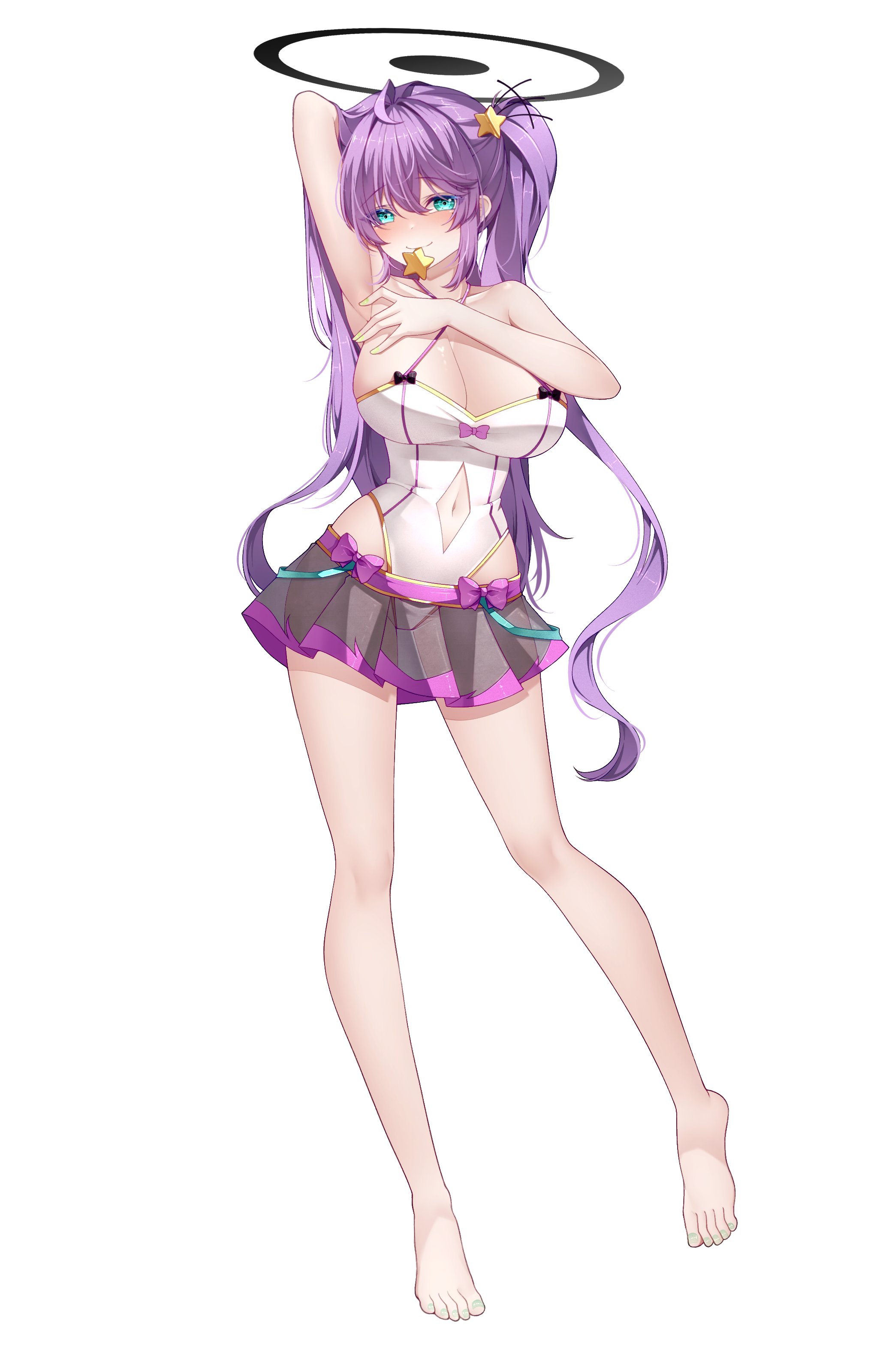 buyange, original, absurdres, highres, 1girl, arm up, armpits, arms behind head, bare arms, bare legs, bare shoulders, barefoot, black skirt, blue eyes, breasts, cleavage, closed mouth, clothing cutout, collarbone, criss-cross halter, feet, full body, gold trim, hair ornament, halo, halterneck, highleg, highleg leotard, large breasts, leotard, long hair, looking at viewer, miniskirt, mouth hold, nail polish, navel, navel cutout, pleated skirt, purple hair, see-through clothes, see-through skirt, simple background, skirt, smile, solo, spaghetti strap, star (symbol), star hair ornament, thighs, toenail polish, toenails, very long hair, white background, white leotard, yellow nails