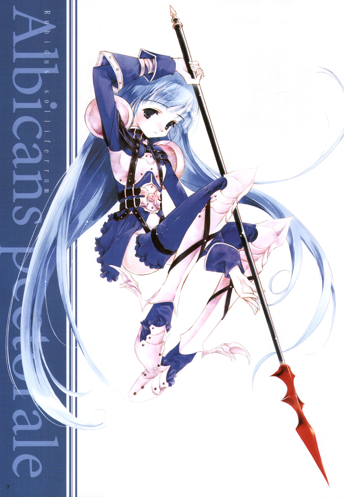 sumi keiichi, original, highres, 1girl, armor, blue eyes, blue hair, female focus, greaves, long hair, matching hair/eyes, pale skin, polearm, solo, spear, very long hair, weapon