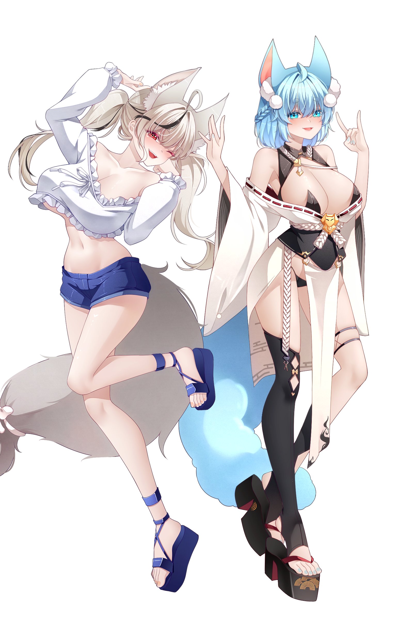 buyange, original, absurdres, commission, highres, 2girls, animal ears, arm up, armpits, bare shoulders, black thighhighs, blue eyes, blue hair, blue shorts, breasts, cleavage, collarbone, crop top, crop top overhang, extra ears, fox ears, fox girl, fox tail, frilled shirt, frills, hand up, large breasts, leg up, long hair, long sleeves, looking at viewer, midriff, multicolored hair, multiple girls, navel, off shoulder, open mouth, pelvic curtain, platform sandals, red eyes, revealing clothes, sandals, shirt, short shorts, shorts, simple background, smile, stomach, streaked hair, tail, thighhighs, thighs, twintails, underboob, white background, white hair, white shirt