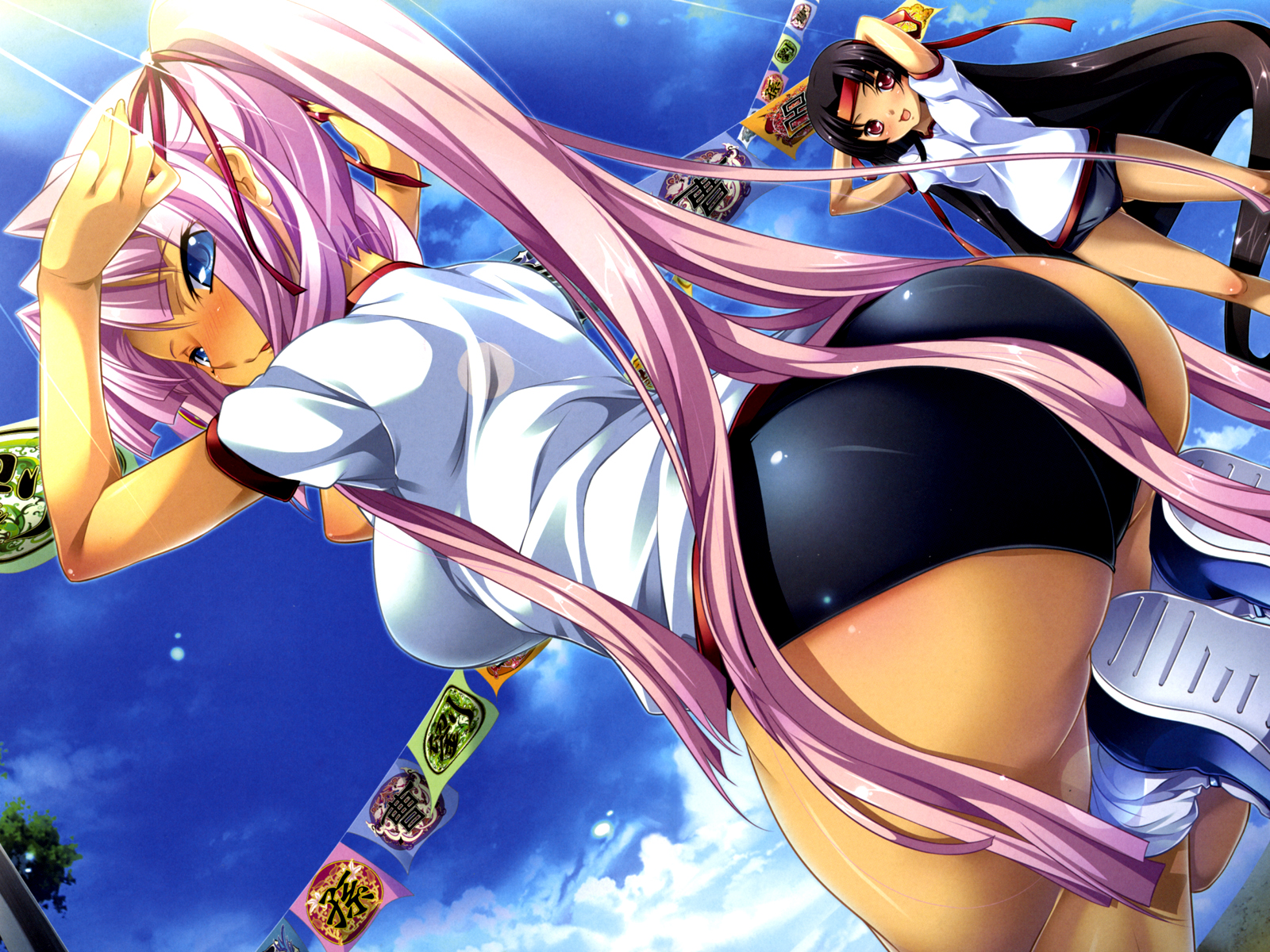 hikage eiji, shuutai (koihime musou), sonken (koihime musou), koihime musou, highres, official art, official wallpaper, 00s, 2girls, ass, black hair, blue eyes, blush, breasts, buruma, contemporary, gym uniform, headband, huge ass, large breasts, long hair, multiple girls, pink hair, ribbon, shoes, smile, socks, squatting, very long hair