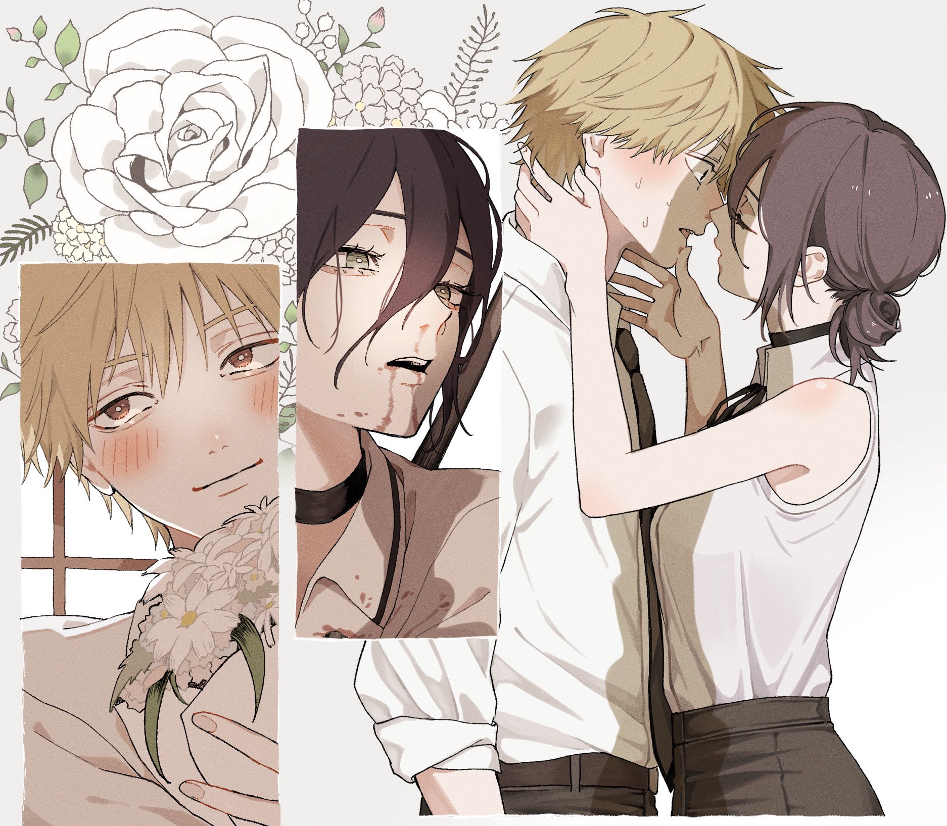 ossu oraaka, denji (chainsaw man), reze (chainsaw man), chainsaw man, commentary request, highres, 1boy, 1girl, black choker, black hair, blonde hair, blood, blood on clothes, blood on face, blush, choker, closed mouth, collared shirt, flower, hair between eyes, hair bun, hetero, imminent kiss, long hair between eyes, multiple boys, open mouth, shirt, short hair, sleeveless, sleeveless shirt, white flower, white shirt, yellow eyes