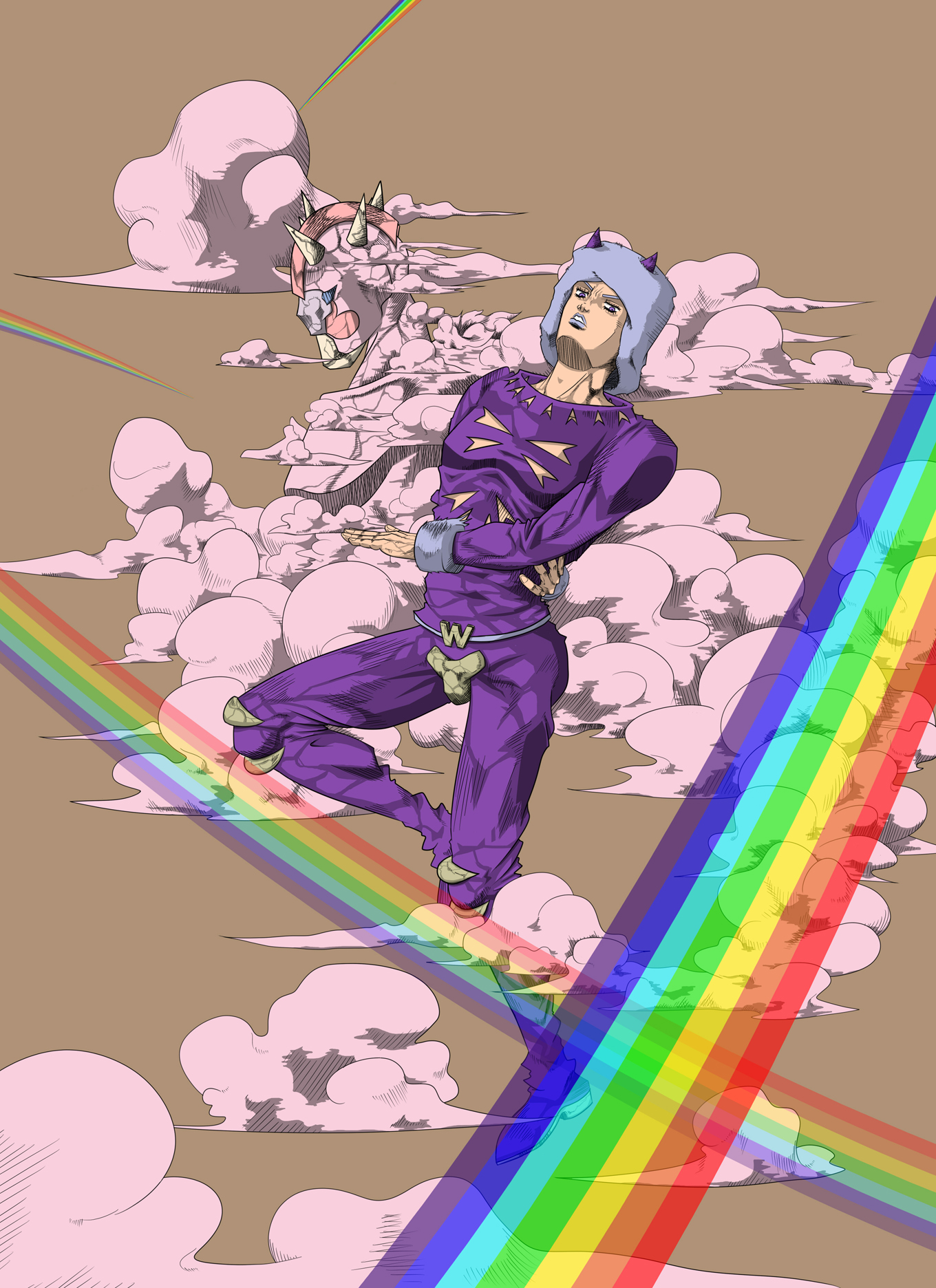 weather report, weather report (stand), jojo no kimyou na bouken, stone ocean, highres, 1boy, cloud, fabulous, hat, horns, male focus, purple eyes, rainbow, stand (jojo)