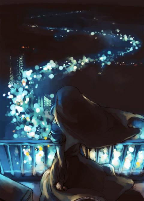 nyoroge, rosette christopher, chrno crusade, habit, 1girl, blue theme, cityscape, female focus, from above, from behind, night, nun, scenery, solo