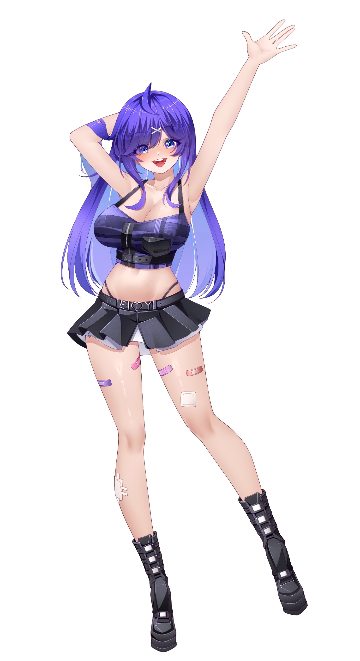 buyange, original, absurdres, commission, highres, 1girl, ahoge, arm behind head, armpits, arms up, bandaid, bandaid on leg, bare arms, bare shoulders, black boots, black skirt, boots, breasts, cleavage, collarbone, crop top, eyes visible through hair, full body, hair ornament, highleg, knee boots, large breasts, long hair, looking at viewer, midriff, miniskirt, navel, open mouth, panty straps, pleated skirt, purple eyes, purple hair, purple shirt, shirt, simple background, skirt, sleeveless, sleeveless shirt, smile, solo, stomach, thighs, white background, x hair ornament