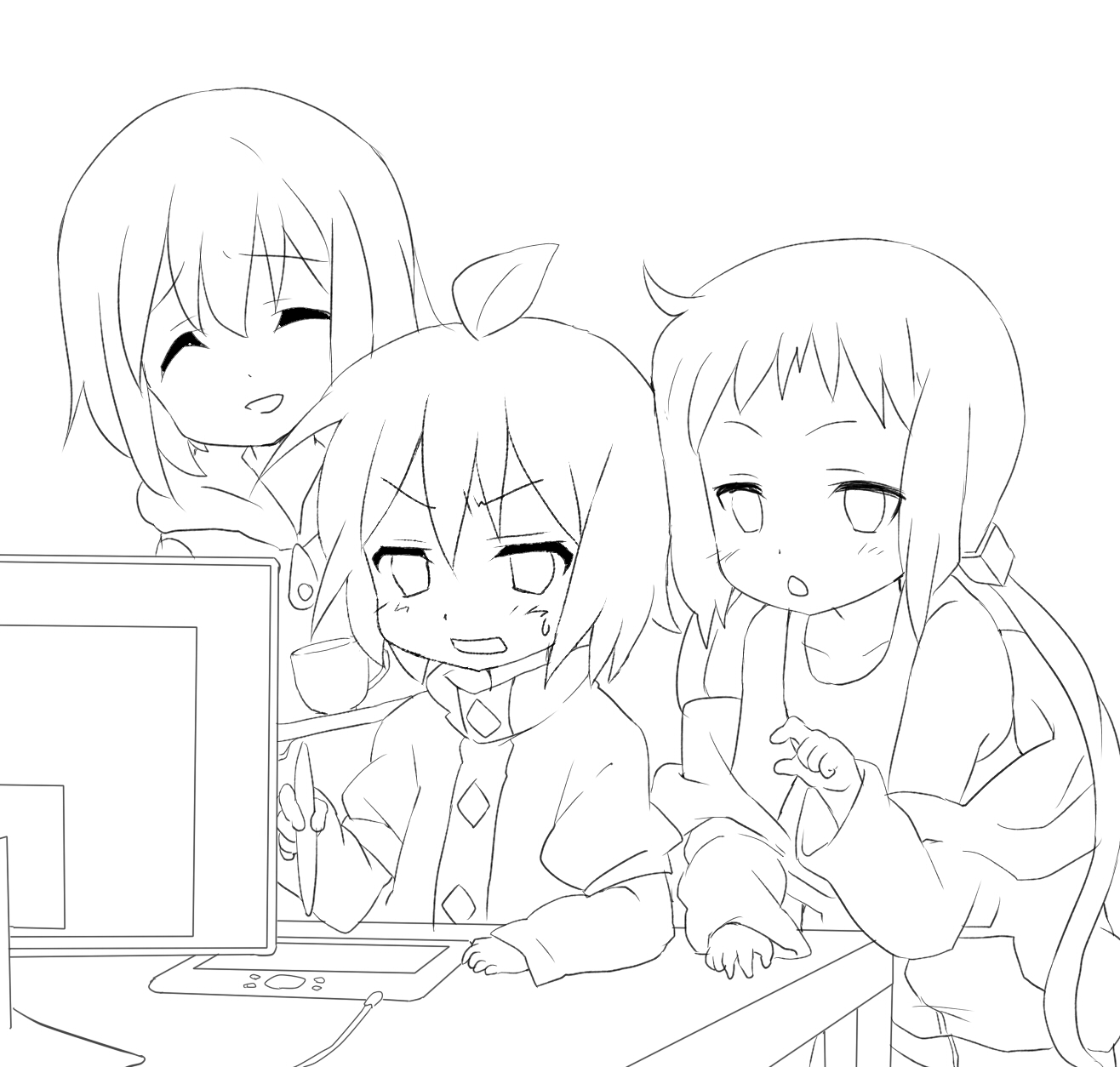 maruki (punchiki), kl-chan, mono (character), punchiki (character), bad id, bad pixiv id, highres, 3girls, computer, greyscale, lineart, monochrome, multiple girls