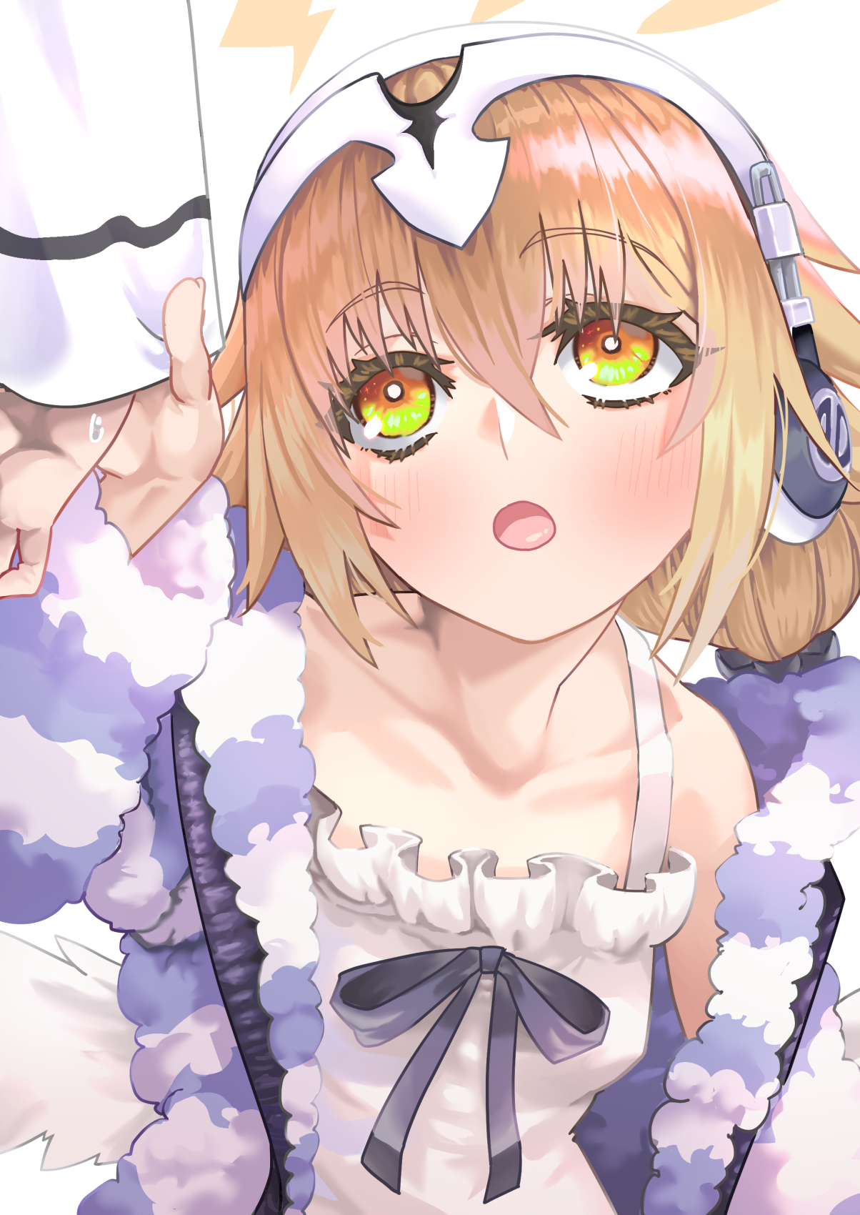 ootsuka rei, jeanne d'arc (fate), metatron jeanne (fate), metatron jeanne (second ascension) (fate), fate/grand order, fate (series), highres, 1girl, angel wings, bare shoulders, blonde hair, blush, breasts, camisole, collarbone, feathered wings, headphones, long hair, long sleeves, looking up, low twintails, off shoulder, open mouth, small breasts, striped clothes, striped sweater, sweater, twintails, white camisole, wings, yellow eyes