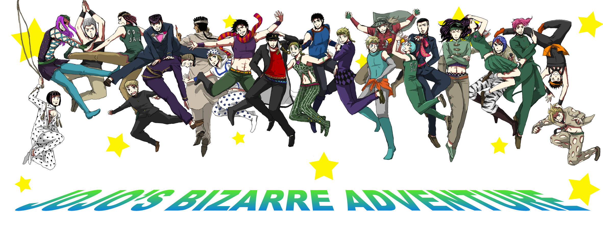 amy (artist), bruno bucciarati, caesar anthonio zeppeli, ermes costello, foo fighters (jojo), fugo pannacotta, fungami yuya, giorno giovanna, guido mista, gyro zeppeli, higashikata josuke, hirose koichi, jean pierre polnareff, johnny joestar, jonathan joestar, joseph joestar, joseph joestar (young), kakyoin noriaki, kishibe rohan, kuujou jolyne, kuujou joutarou, mohammed avdol, narancia ghirga, narciso anasui, nijimura okuyasu, pannacotta fugo, battle tendency, diamond is not crash, jojo no kimyou na bouken, phantom blood, stardust crusaders, steel ball run, stone ocean, vento aureo, bad id, bad pixiv id, highres, long image, wide image, 3girls, 6+boys, copyright name, dark-skinned male, dark skin, double bun, everyone, family, father and son, gakuran, hair bun, hat, heart, horseshoe, long hair, looking at viewer, looking back, midriff, multiple boys, multiple girls, peaked cap, pompadour, scarf, school uniform, short hair, simple background, smile, star (symbol), striped clothes, striped scarf, time paradox, white background