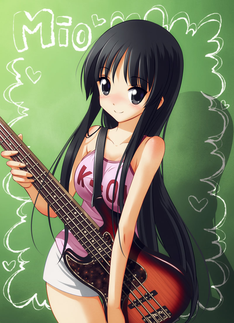 kankurou, akiyama mio, k-on!, 00s, 1girl, bass guitar, between breasts, black eyes, black hair, blunt bangs, blush, breasts, female focus, hime cut, instrument, long hair, medium breasts, short shorts, shorts, solo, strap between breasts, tank top