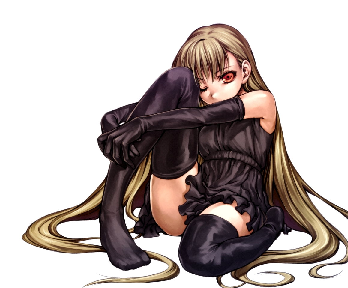 miura yui, miurayui, bad id, bad pixiv id, black dress, black thighhighs, blonde hair, dress, elbow gloves, feet, gloves, long hair, one eye closed, orange eyes, skirt, solo, thighhighs, very long hair, wink