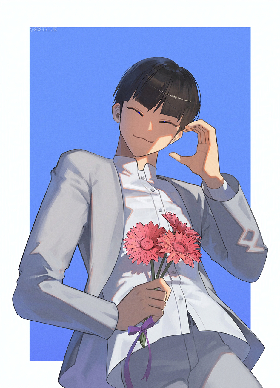 8083 blue, hoshina soshiro, kaijuu no. 8, commentary request, highres, 1boy, :3, black hair, border, buttons, closed eyes, closed mouth, flower, holding, holding flower, jacket, male focus, pants, red flower, shirt, short hair, smile, solo, white border, white jacket, white pants, white shirt