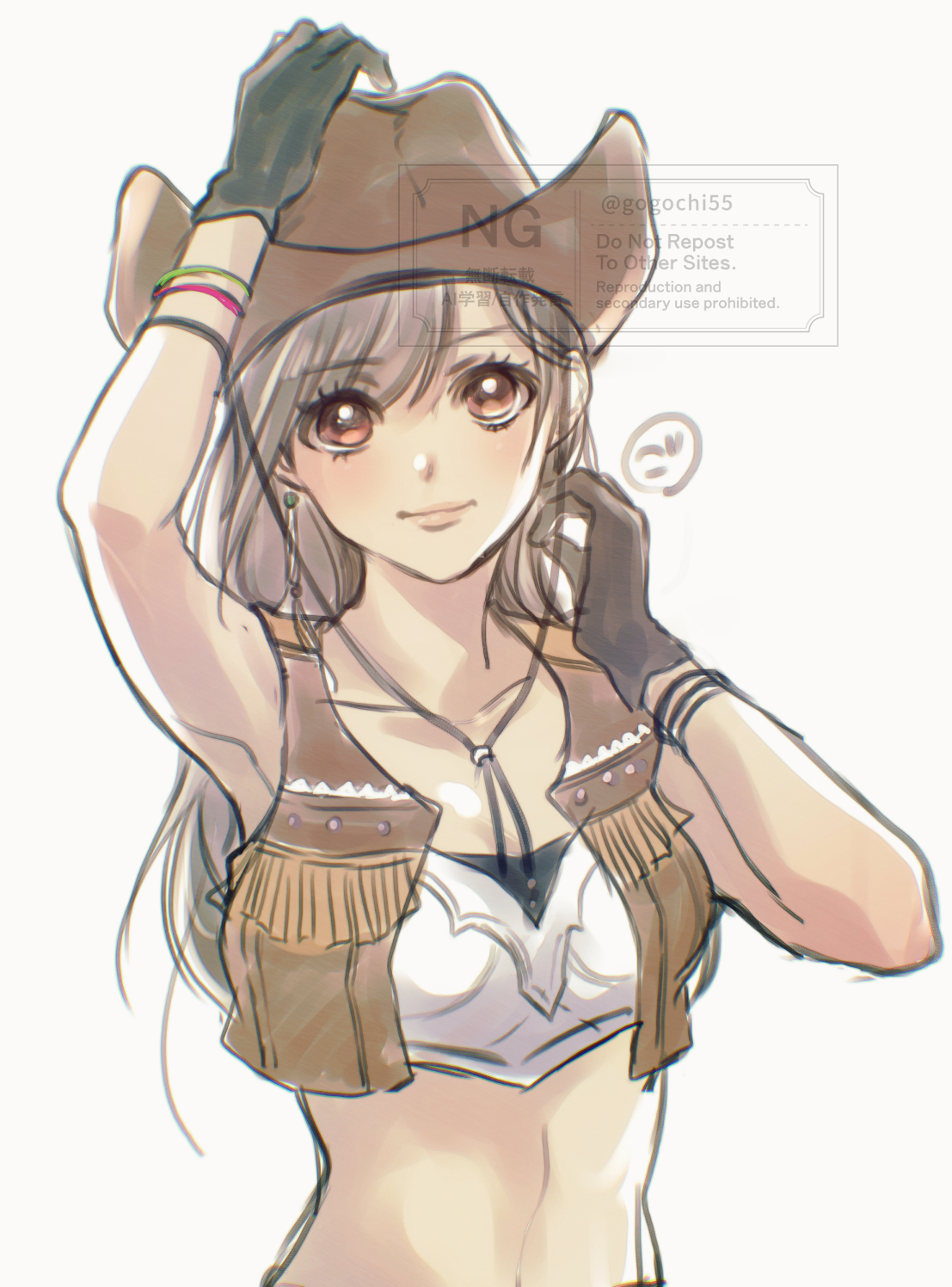 gogochi55, tifa lockhart, tifa lockhart (cowgirl), crisis core final fantasy vii, final fantasy, final fantasy vii, final fantasy vii rebirth, final fantasy vii remake, commentary request, highres, 1girl, arm up, armpits, bare shoulders, black hair, blush, bracelet, breasts, brown gloves, brown hat, brown vest, closed mouth, collarbone, cowboy hat, crop top, gloves, hand on headwear, hat, jewelry, long hair, looking at viewer, medium breasts, midriff, official alternate costume, open clothes, open vest, red eyes, signature, simple background, solo, swept bangs, upper body, vest