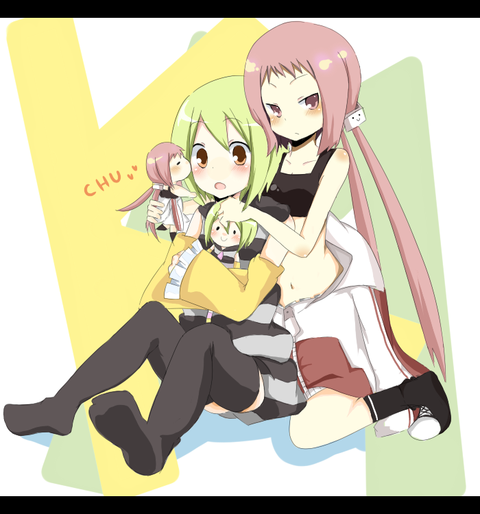 mono (recall), kl-chan, mono (character), original, bad id, bad pixiv id, 2girls, bad anatomy, bad feet, blush, doll, feet, kiss, legs, long hair, multiple girls, pink hair, poorly drawn, short hair, thighhighs, twintails
