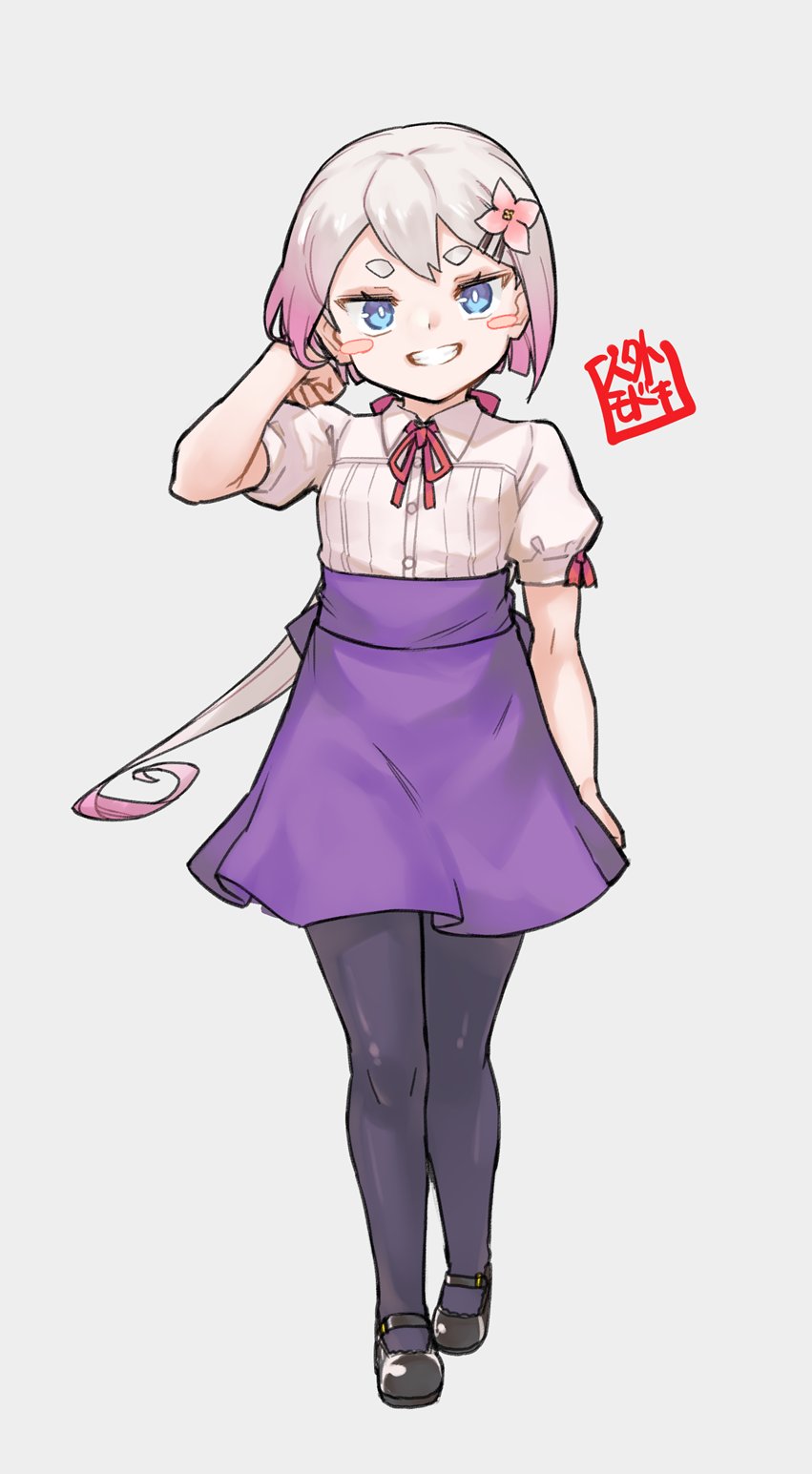 jingai modoki, vinum (succubus prison), succubus prison, commentary, highres, 1girl, adjusting hair, black pantyhose, black shoes, blush stickers, breasts, colored tips, flower, full body, gradient hair, grey background, grin, hair between eyes, hair flower, hair ornament, hair ribbon, hairclip, head tilt, high-waist skirt, long hair, mary janes, multicolored hair, neck ribbon, official artist extra, pantyhose, pink hair, pink ribbon, ponytail, puffy short sleeves, puffy sleeves, purple skirt, ribbon, seal impression, shirt, shoes, short eyebrows, short sleeves, simple background, skirt, small breasts, smile, solo, standing, thick eyebrows, very long hair, white hair, white shirt