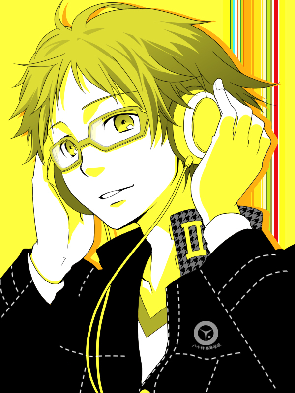 sumi (pixiv), sumii (fumiki7), hanamura yousuke, atlus, persona, persona 4, 1boy, brown hair, glasses, headphones, male focus, partially colored, school uniform, short hair, solo