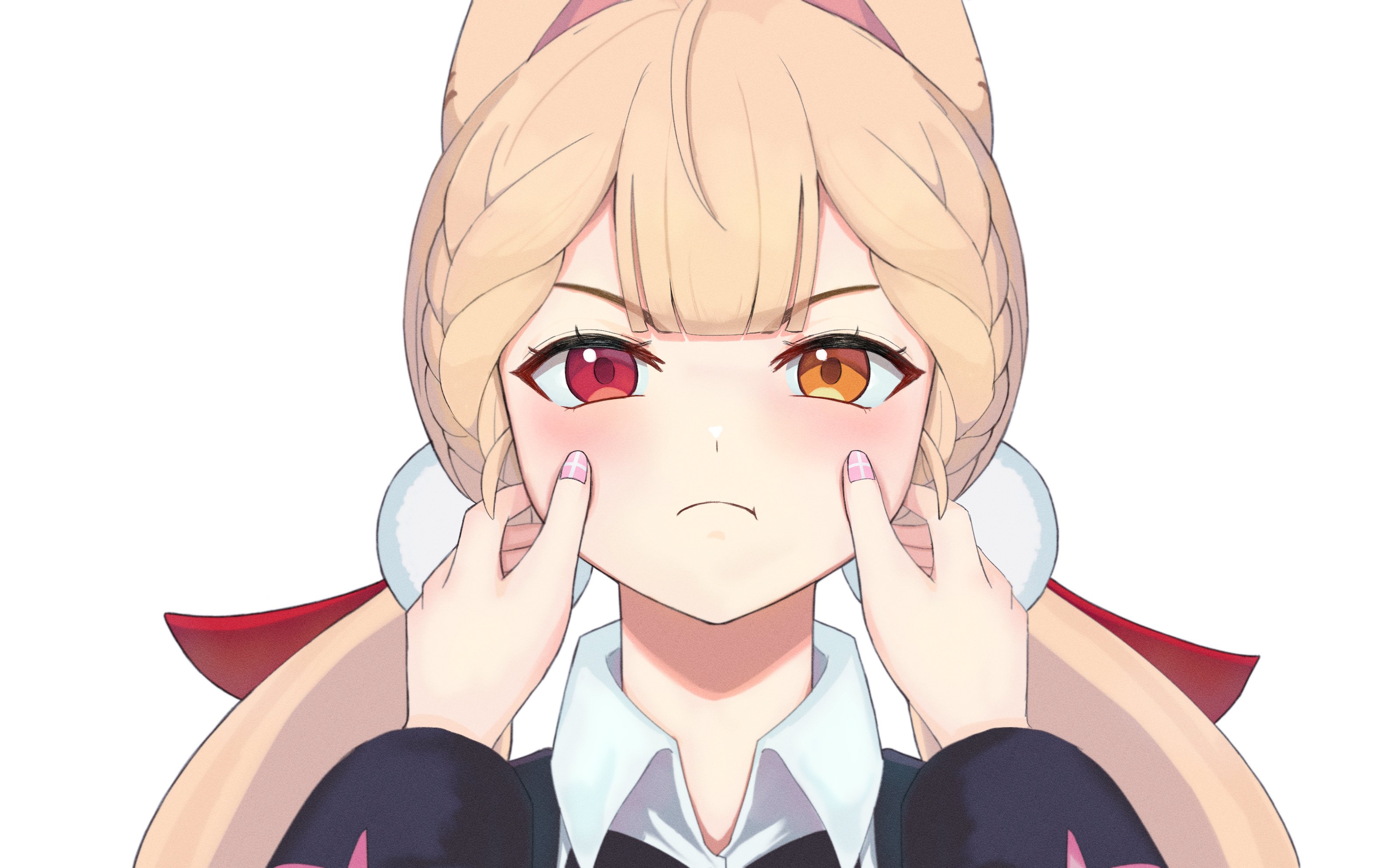 es030103010301, alice thymefield, ukinami yuzuha, zenless zone zero, hashtag-only commentary, highres, 2girls, animal ears, blonde hair, cheek pinching, closed mouth, hair ornament, hand on another's cheek, hand on another's face, heterochromia, long hair, looking at viewer, multiple girls, nail polish, pinching, pink nails, pov, pov hands, rabbit ears, rabbit girl, red eyes, shirt, simple background, sphere hair ornament, twintails, upper body, white background, white shirt, yellow eyes, yuri