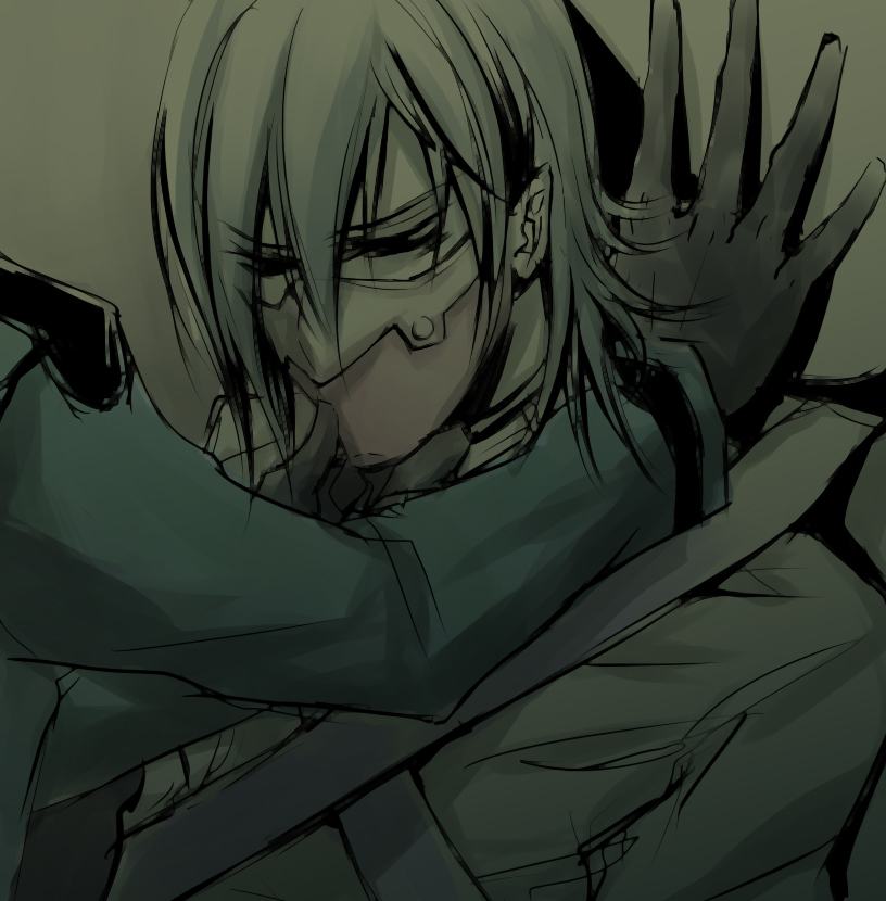 kizna, allelujah haptism, lyle dylandy, gundam, gundam 00, bad id, bad pixiv id, 00s, 1boy, black hair, gloves, hair between eyes, long sleeves, male focus, mask, pinned, solo, upper body