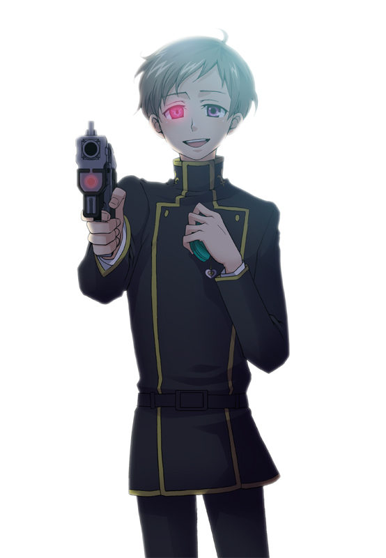 sumi (pixiv), sumii (fumiki7), rolo lamperouge, code geass, 00s, 1boy, cellphone, geass, gun, male focus, phone, simple background, solo, weapon, yandere