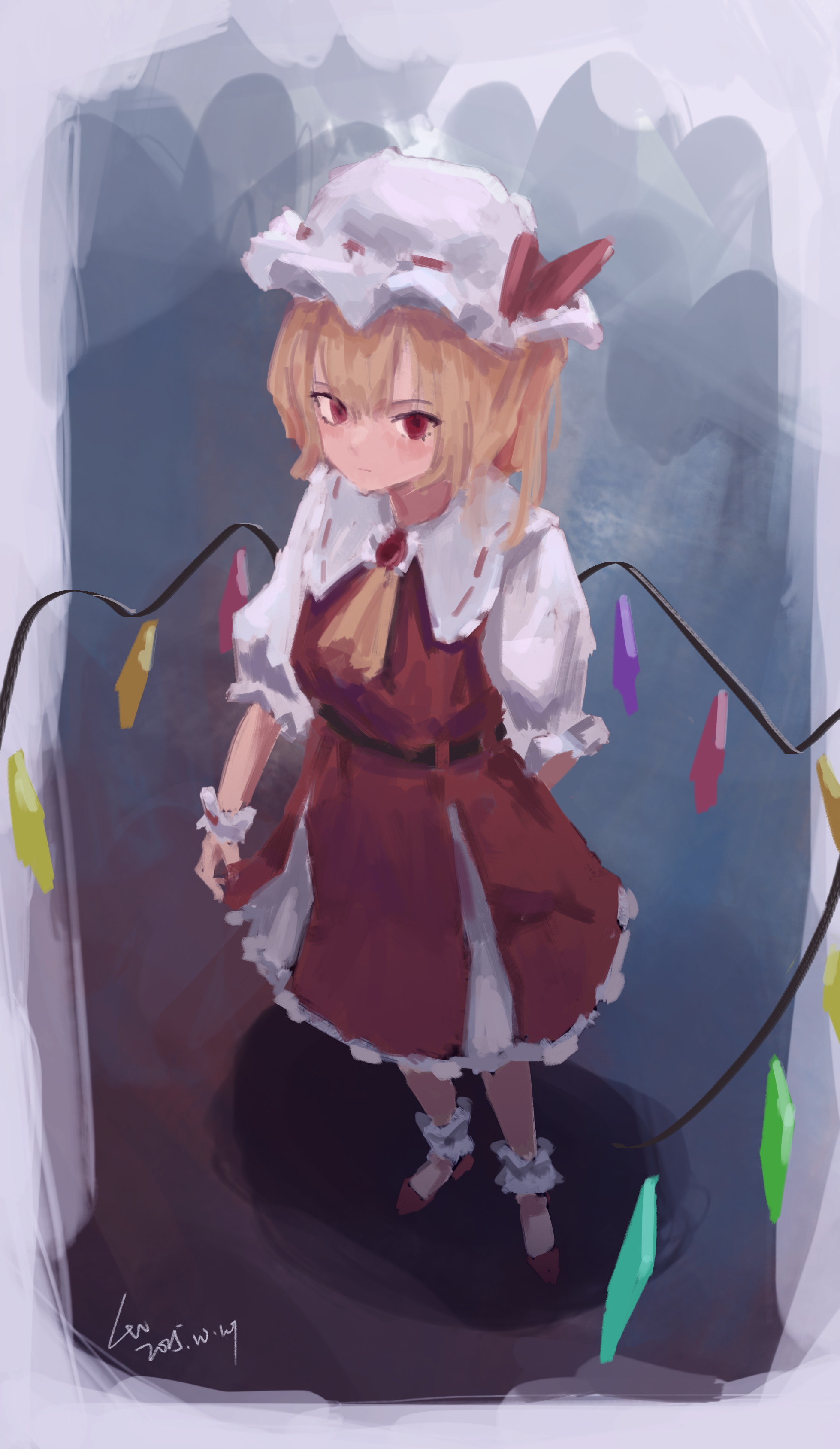 flandre scarlet, touhou, absurdres, commentary, highres, 1girl, ascot, blonde hair, closed mouth, collared shirt, crystal, crystal wings, dated, frilled shirt collar, frills, hat, hat ribbon, looking at viewer, maplemush, mob cap, multicolored wings, one side up, red eyes, red skirt, red vest, ribbon, romaji commentary, shirt, signature, skirt, skirt set, solo, vest, white hat, white shirt, wings, wrist cuffs, yellow ascot