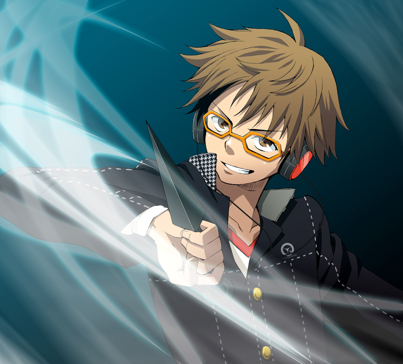 sumi (pixiv), sumii (fumiki7), hanamura yousuke, atlus, persona, persona 4, 1boy, action, brown hair, glasses, gradient background, headphones, kunai, male focus, school uniform, short hair, solo, weapon