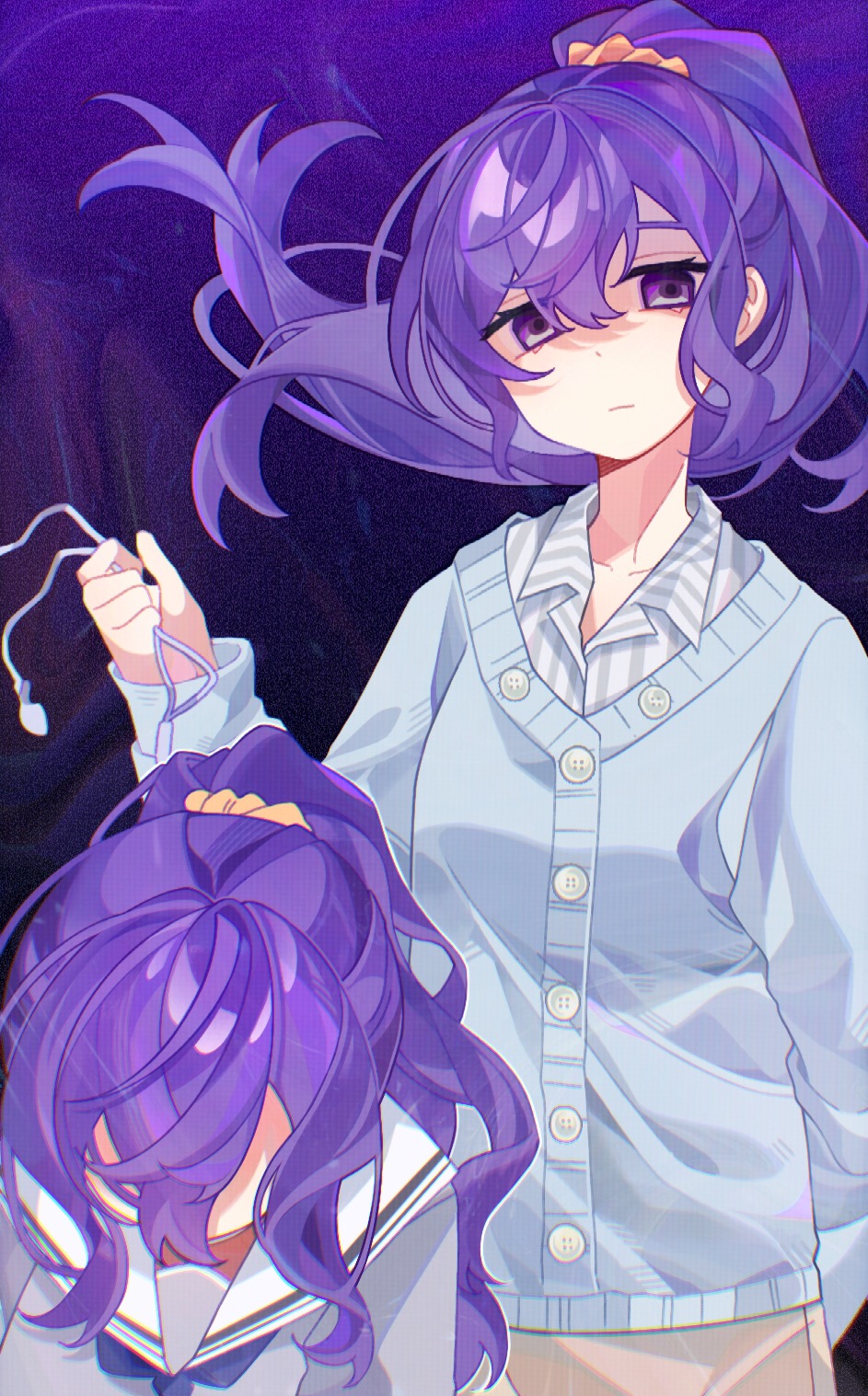 laylayhappy, asahina mafuyu, project sekai, chinese commentary, commentary request, highres, 1girl, arm behind back, blue cardigan, blue neckerchief, breasts, brown pants, buttons, cardigan, chromatic aberration, closed mouth, collarbone, collared shirt, cowboy shot, double-parted bangs, empty eyes, film grain, frown, grey shirt, hair between eyes, hair ornament, hair scrunchie, hand up, holding, long hair, long sleeves, looking at viewer, miyamasuzaka girls' academy school uniform, multiple views, neckerchief, orange scrunchie, pants, portrait, puffy long sleeves, puffy sleeves, purple background, purple eyes, purple hair, sailor collar, school uniform, scrunchie, shaded face, shirt, simple background, small breasts, standing, striped clothes, striped shirt, two-tone shirt, vertical-striped clothes, vertical-striped shirt, white sailor collar, white shirt