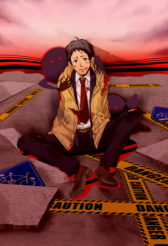 sumi (pixiv), sumii (fumiki7), adachi tooru, shadow (persona), atlus, persona, persona 4, spoilers, 1boy, black hair, blood, caution tape, male focus, monster, necktie, shadow, solo, torn clothes