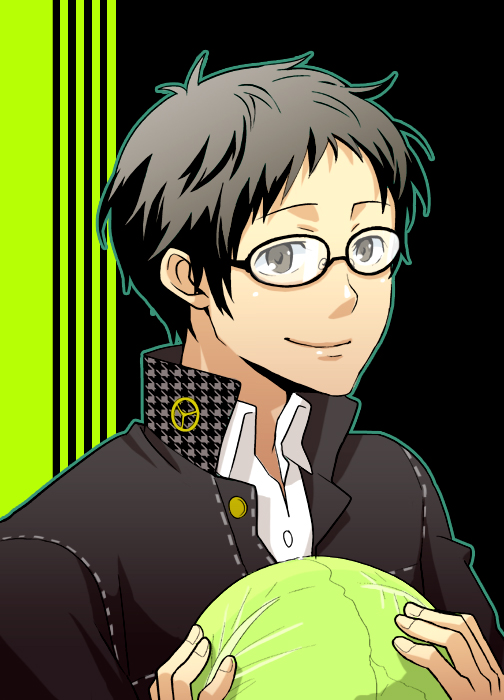 sumi (pixiv), sumii (fumiki7), adachi tooru, atlus, persona, persona 4, 1boy, bespectacled, black hair, cabbage, glasses, male focus, school uniform, solo