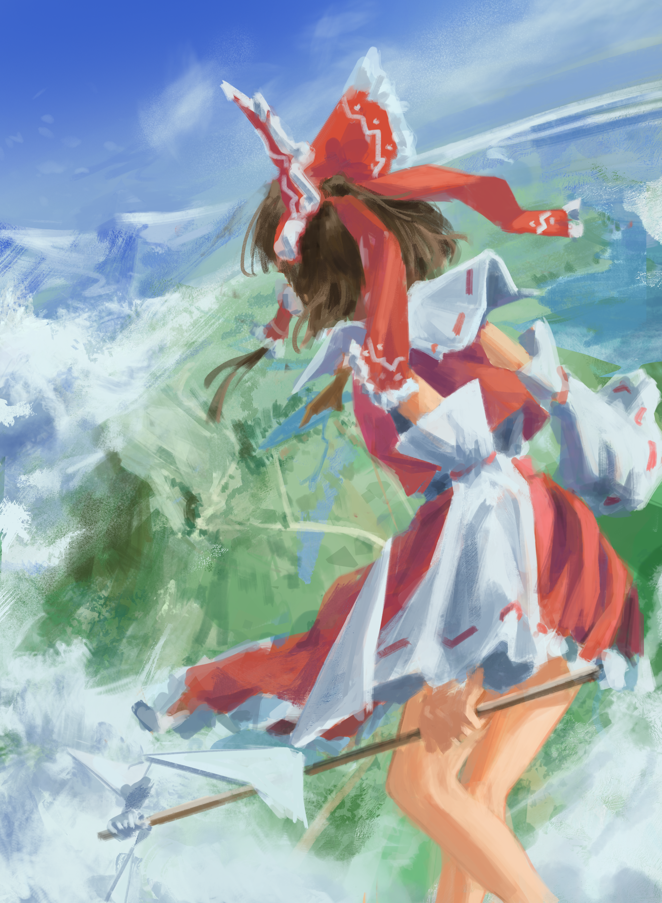 hakurei reimu, touhou, absurdres, chinese commentary, commentary request, highres, 1girl, blue sky, bow, brown hair, day, detached sleeves, facing away, floating, frilled bow, frilled hair tubes, frilled skirt, frills, gohei, hair bow, hair tubes, holding, holding gohei, long hair, maplemush, outdoors, red bow, red skirt, ribbon-trimmed sleeves, ribbon trim, skirt, skirt set, sky, solo