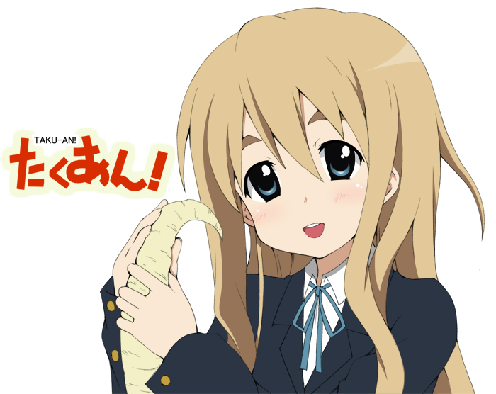 izuko, kotobuki tsumugi, k-on!, bad id, bad pixiv id, 00s, 1girl, blazer, blonde hair, blue eyes, blue jacket, blue ribbon, blush, female focus, hair between eyes, head tilt, holding, jacket, long hair, long sleeves, looking at viewer, neck ribbon, open mouth, ribbon, school uniform, shirt, simple background, smile, solo, thick eyebrows, upper body, white background, white shirt