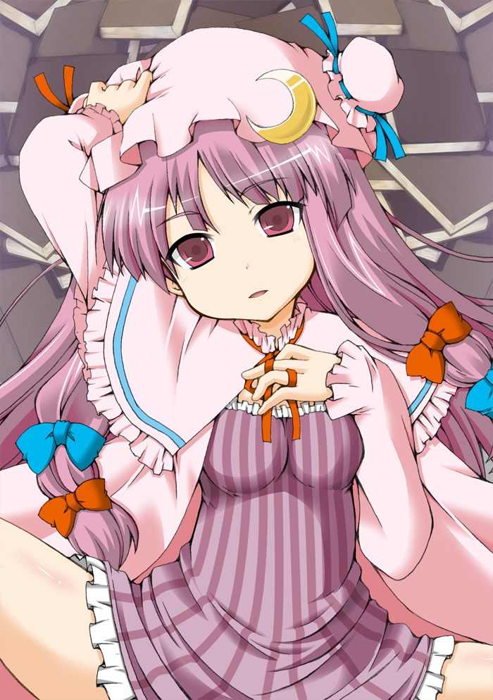 izuko, patchouli knowledge, touhou, bad id, bad pixiv id, 1girl, book, breasts, female focus, hat, long hair, lying, purple eyes, purple hair, ribbon, solo, spread legs