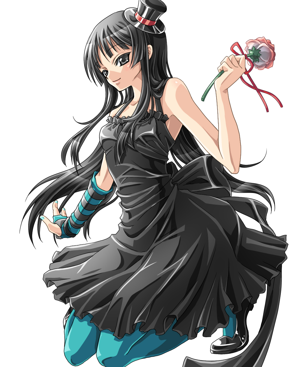 touya (artist), touya (roukaku), akiyama mio, don't say "lazy", k-on!, highres, 00s, 1girl, blue pantyhose, camisole, female focus, flower, gloves, hat, mini hat, mini top hat, pantyhose, skirt, solo, top hat
