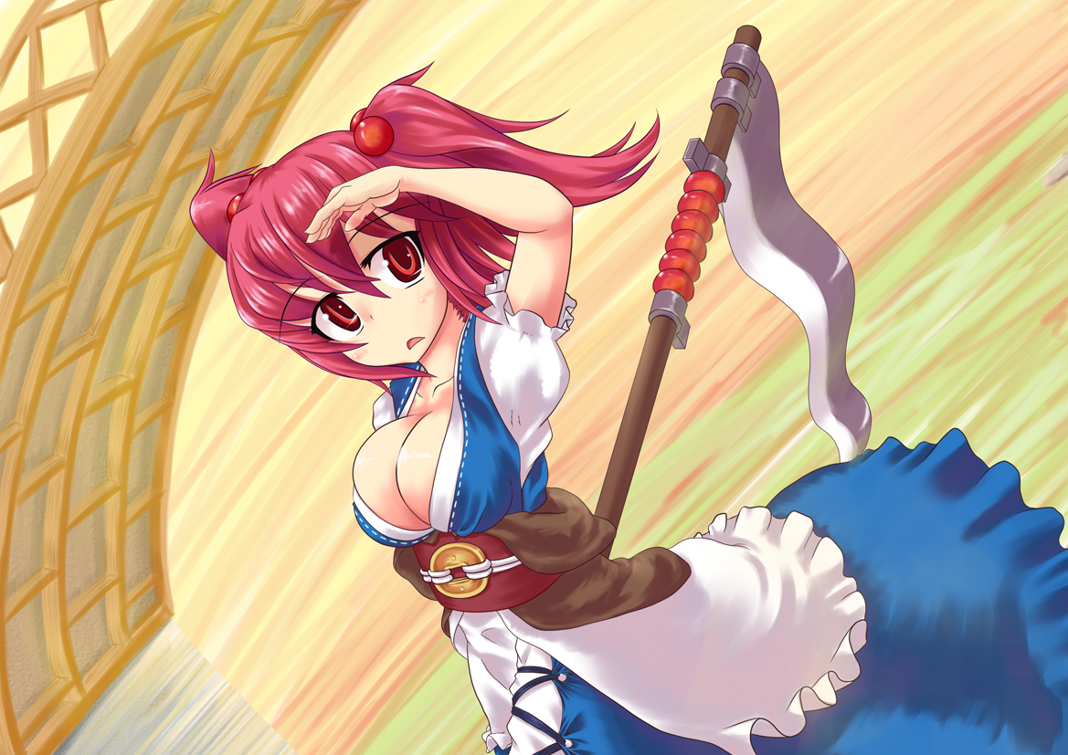 kosmosshuffle, onozuka komachi, touhou, bad id, bad pixiv id, 1girl, breasts, cleavage, dress, female focus, hair bobbles, hair ornament, large breasts, outdoors, red hair, scythe, solo, twintails, two side up