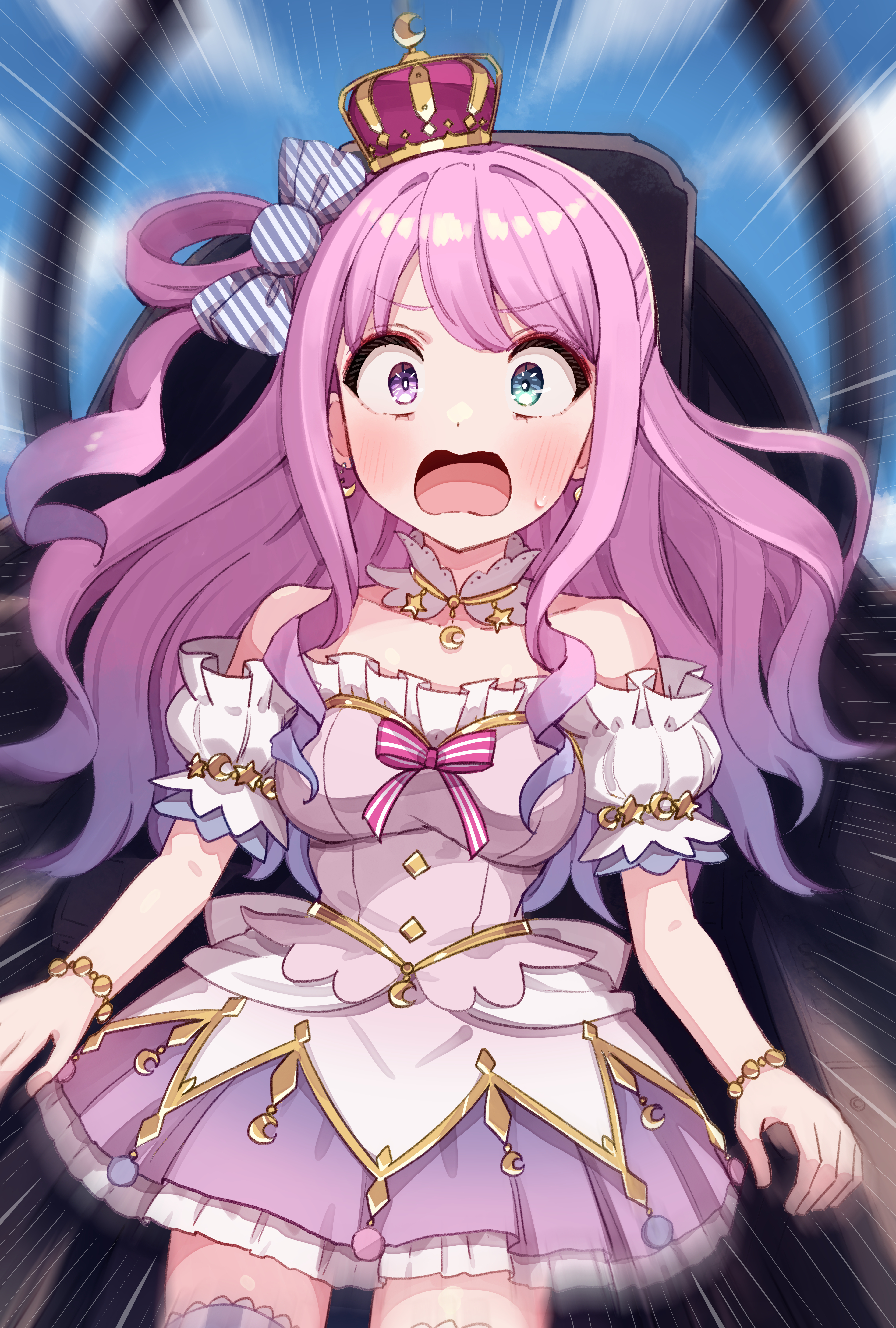 nanado shion, himemori luna, himemori luna (1st costume), hololive, absurdres, commentary, highres, 1girl, aircraft, blue sky, blurry, blurry background, blush, bracelet, breasts, candy hair ornament, cloud, cloudy sky, collar, collarbone, crescent, crescent earrings, crescent necklace, crown, day, detached collar, detached sleeves, dress, earrings, emphasis lines, food-themed hair ornament, gradient hair, green eyes, hair ornament, hair rings, heterochromia, jewelry, layered dress, long hair, looking at viewer, mini crown, multicolored hair, necklace, one side up, open mouth, pink crown, pink dress, pink eyes, pink hair, pink ribbon, purple thighhighs, ribbon, short sleeves, single hair ring, sky, solo, striped clothes, striped thighhighs, sweatdrop, thighhighs, thighs, two-tone hair, virtual youtuber, white collar, white sleeves, wide-eyed