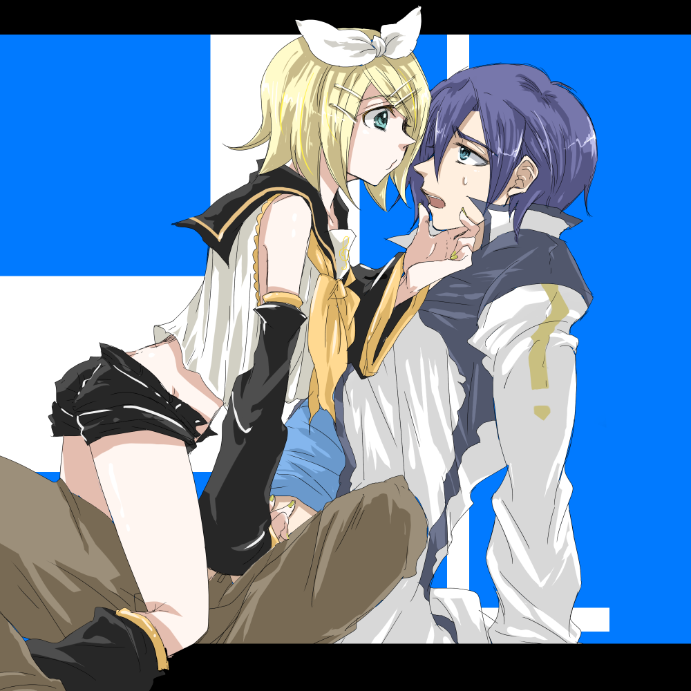 sachirou, kagamine rin, kaito (vocaloid), vocaloid, 1boy, 1girl, arm support, bare shoulders, blonde hair, blue hair, blue shirt, butt crack, detached sleeves, girl on top, hair between eyes, hair ornament, hairband, hairclip, long sleeves, looking at another, nail polish, open mouth, pants, profile, shirt, short shorts, shorts, sitting, sleeveless, sleeveless shirt, sweatdrop, white shirt