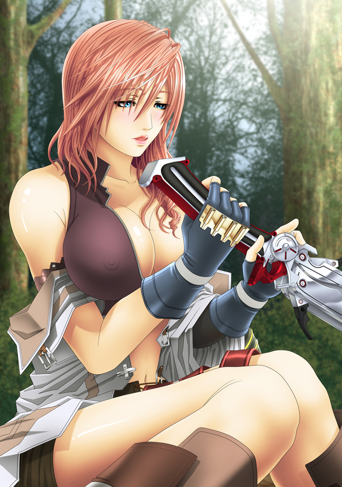 carrot works, raito, lightning farron, final fantasy, final fantasy xiii, 10s, 1girl, blue eyes, blush, breasts, cleavage, covered erect nipples, female focus, gloves, miniskirt, sitting, skirt, solo, sword, weapon