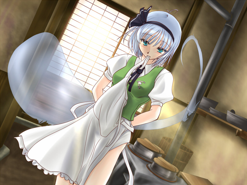 happa16, konpaku youmu, konpaku youmu (ghost), touhou, silver hair, 1girl, apron, female focus, green eyes, hitodama, mouth hold, ribbon, solo