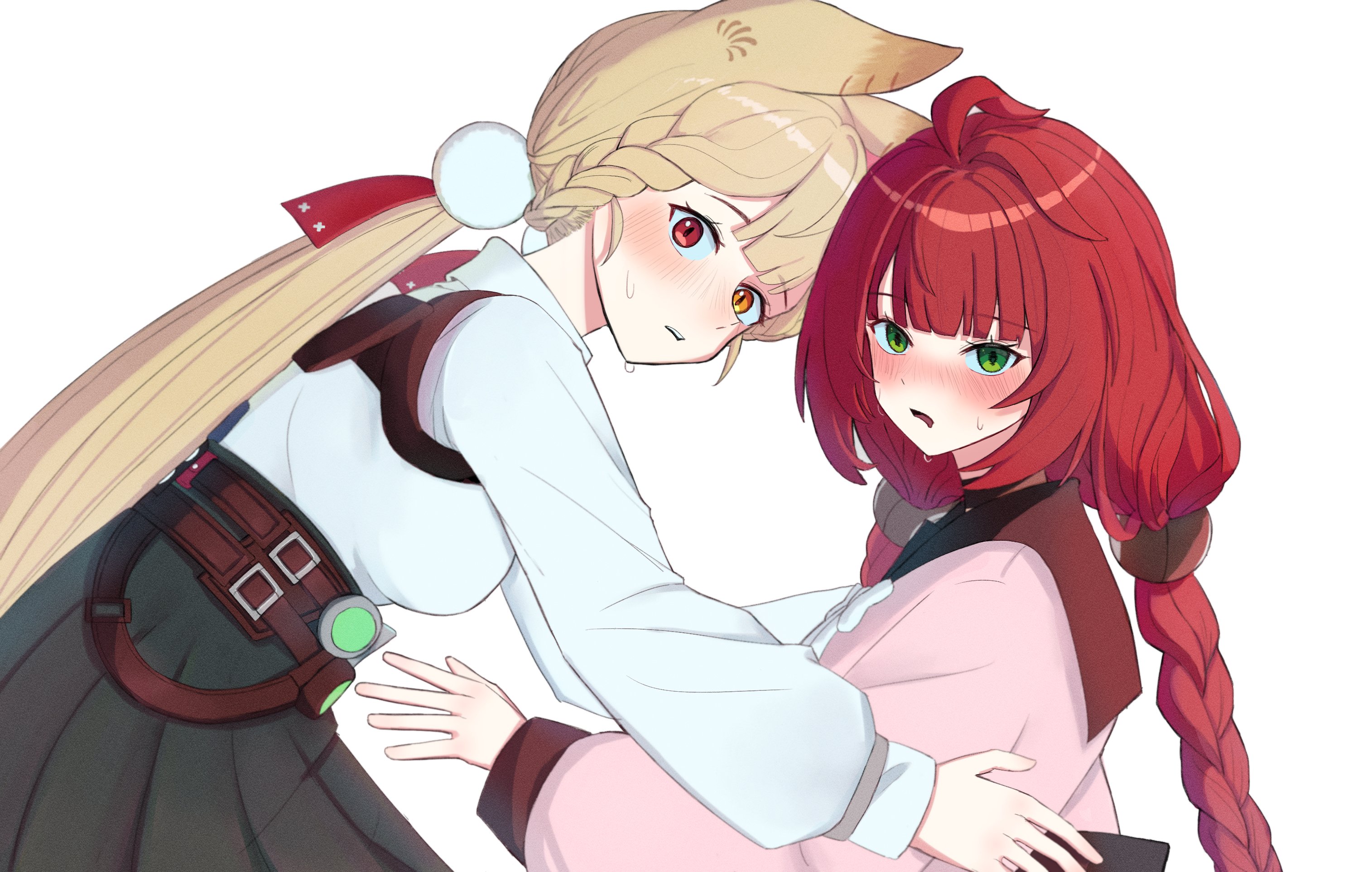 es030103010301, alice thymefield, ukinami yuzuha, zenless zone zero, braided twintails, hashtag-only commentary, highres, 2girls, animal ear fluff, animal ears, belt, black sailor collar, blush, braid, cardigan, chest bow, from side, green eyes, green skirt, hair ornament, heterochromia, imminent hug, long hair, looking at viewer, multiple girls, open mouth, pink cardigan, rabbit ears, rabbit girl, red eyes, red hair, sailor collar, shirt, simple background, skirt, sphere hair ornament, sweat, twintails, white background, white shirt, yellow eyes, yuri